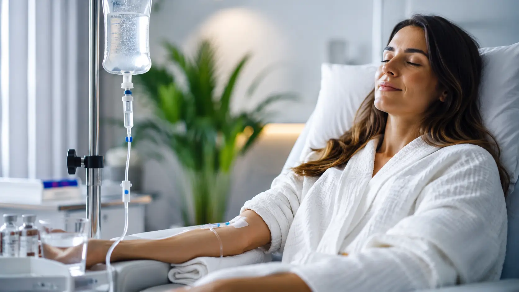 IV Therapy Session in a Modern Healthcare Setting Woman receiving intravenous IV therapy in a modern healthcare setting